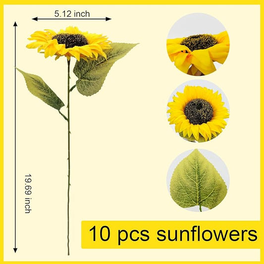 10 Pcs Sunflowers Artificial Flowers with Long Stems Silk Fake Large Sunflowers Bouquet Faux Sunflower Arrangement for Outdoor Indoor Home Vase Table Wedding Party Garden DIY Decor (Yellow)