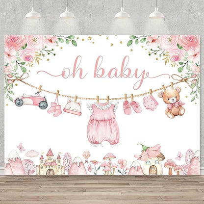 Sensfun Cute Clothes Baby Shower Backdrop for Girls Oh Baby Girl Newborn Pink Floral Eucalyptus Leaves Adventure Baby Shower Party Decorations Banner Supplies Photo Booth Studio Props 8x6ft