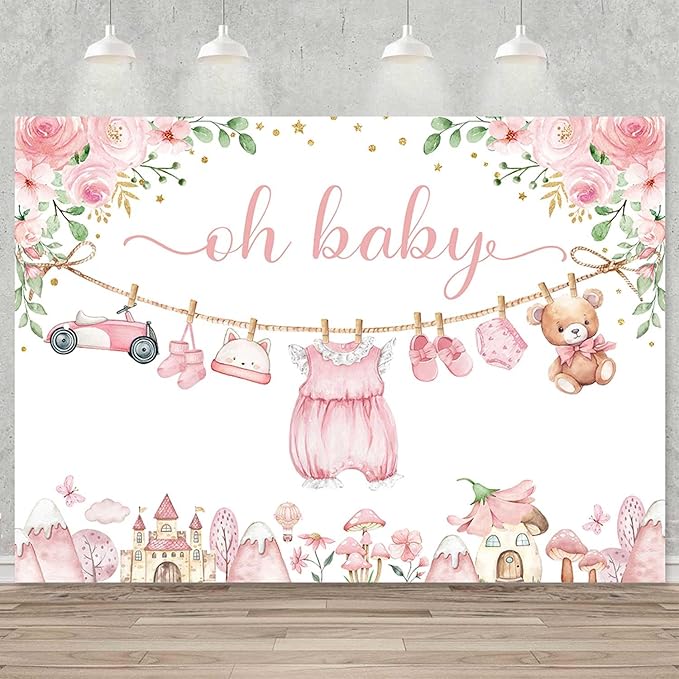 Sensfun Cute Clothes Baby Shower Backdrop Oh Baby Girl Pink Floral Adventure Photography Background It's A Girl Baby Shower Party Decorations Banner Supplies Photo Booth Props 7x5ft