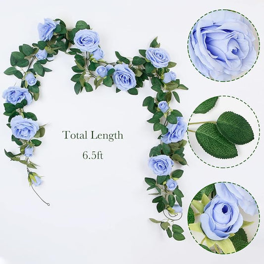 TELDRASSIL 4Pcs(26 FT) Artificial Rose Vine Fake Flower Garland Fake Silk Rose Hanging Vine for Wedding Party Background Arch Garden Background Decoration (Blue)