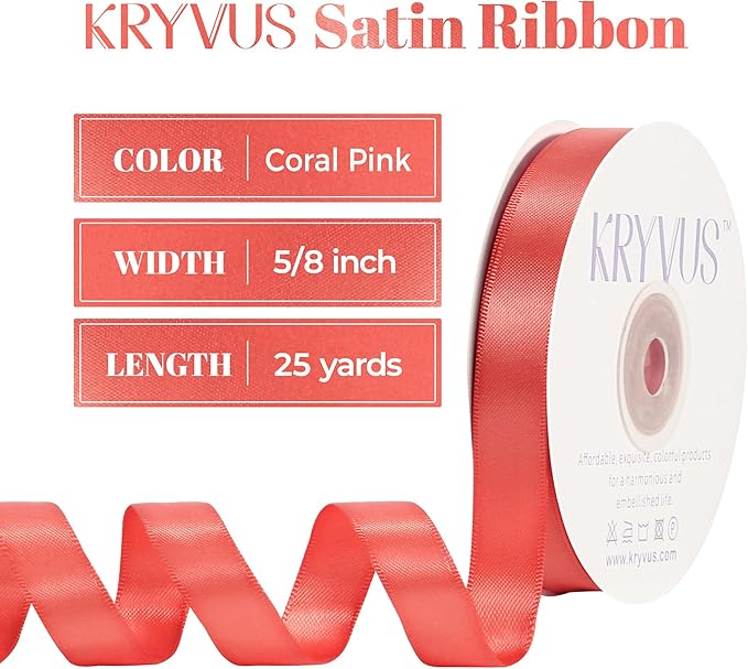Coral Satin Ribbon, Double Faced 5/8 Inch X 25 Yards Coral Ribbon, for Gift Wrapping, Crafts, Hair Bow Making, Sewing, Flower Bouquet, Wedding Party Decor