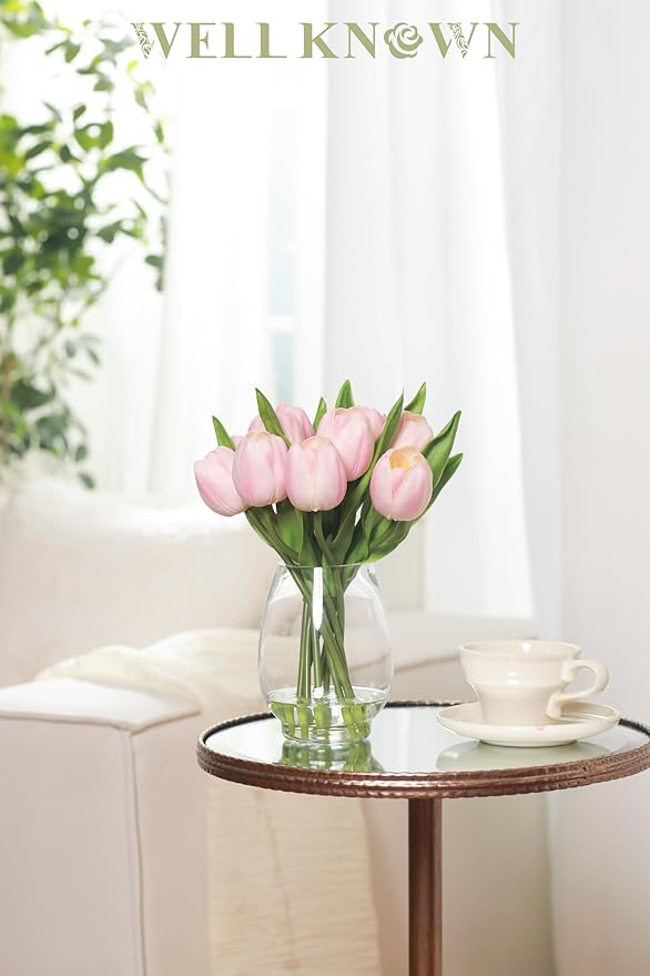 WELL KNOWN 12 Pcs Tulips Artificial Flowers in Vase, Real Touch Tulips with Vase with Upgrate Acrylic Water Flower Arrangements Centerpiece for Dining Room Table Decoration（Pink）