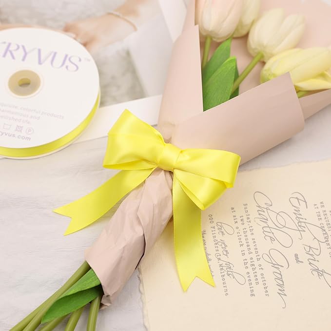 Lemon Yellow Satin Ribbon, Double Faced 1 Inch X 50 Yards Lemon Yellow Ribbon, Premium Satin Ribbon for Gift Wrapping, Crafts, Hair Bow Making, Sewing, Flower Bouquet, Wedding Party Decor