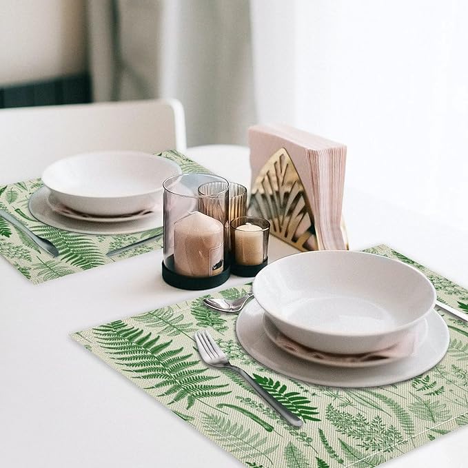Vintage Leaves Placemats Set of 6, 17x12 Inch Green Boho Abstract Aesthetic Tropical Botanical Leaves Modern Art Printed Table Mats for Home Party Kitchen Dining Decor