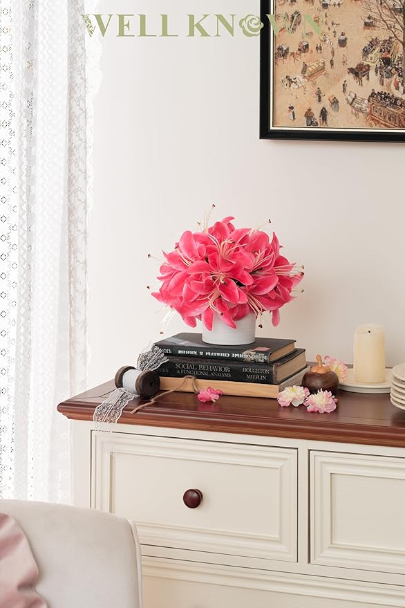 Artificial Flowers in Vase, Fake Lily Flowers with White Ceramic Vase, Small Potted Faux Floral Arrangements for Home Desk Kitchen Lavatory Coffee Tea Wedding Table Centerpiece Decor (Hot Pink)