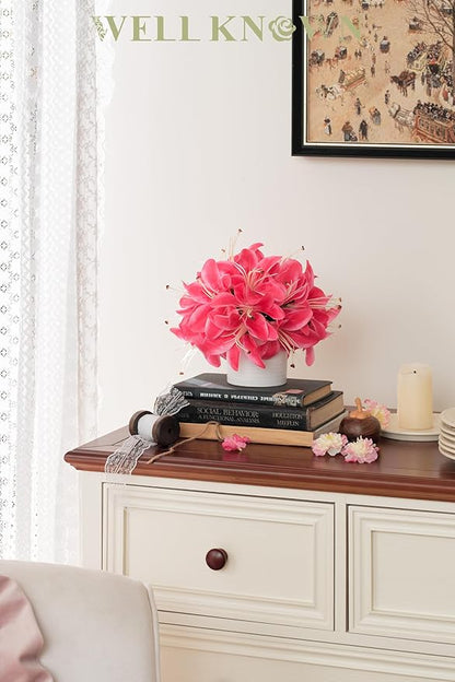 Artificial Flowers in Vase, Fake Lily Flowers with White Ceramic Vase, Small Potted Faux Floral Arrangements for Home Desk Kitchen Lavatory Coffee Tea Wedding Table Centerpiece Decor (Hot Pink)