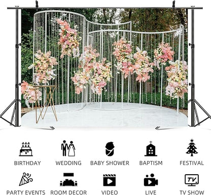 7x5ft Pink Floral Backdrop Green Leaves White Flowers Romantic Wedding Photography Background Natural Theme Birthday Banner Decorations Newborn Baby Shower Portrait Photo Booth Prop