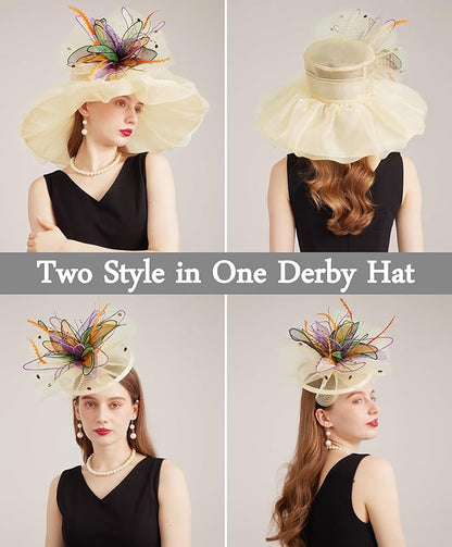 Organza Derby Hats for Women Wide Brim Fascinator Hat Rose Flower Wedding Tea Party Hat