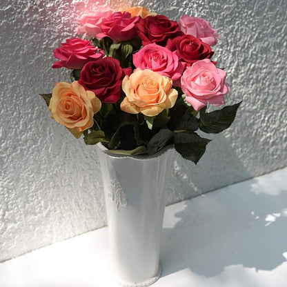 FiveSeasonStuff Fake Roses Wedding Flowers Real Touch Silk Medley Rose Mix Artificial Flowers (Yellow, Dark Red, Coral Pink, Pink) 12 Stems