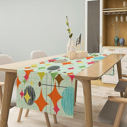 Mid Century Table Runner,Abstract Retro Modern Geometric Colorful Stripe Pattern Print Tablecloth Burlap for Hotel Indoors Outdoor Dining Room Kitchen Holiday Party, 13x108in