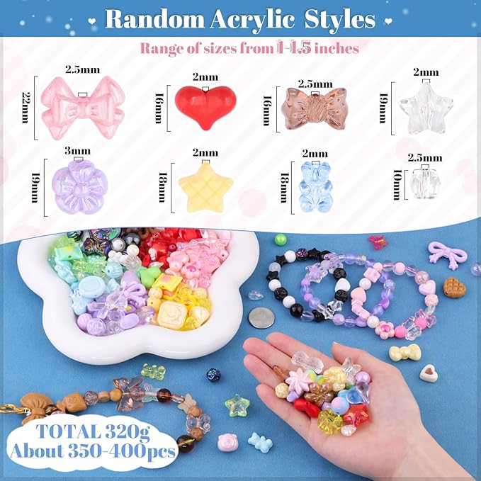 Assorted Acrylic Beads, 500-550PCS 8 Colors Mixed Cute Beads for Bracelet Making, GummyBear Bow Flower Kawaii Charms for Jewelry Making DIY Necklace Keychain Phone Charm Christmas Gift