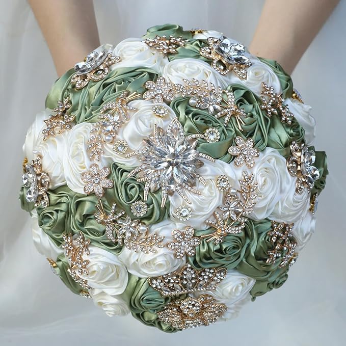 Handmade Satin Rose Floral Bling Pearl Decor Bridal Wedding Bouquet Rhinestone Pendant Artificial Brooch Flowers for Bride Bridesmaid Quinceanera