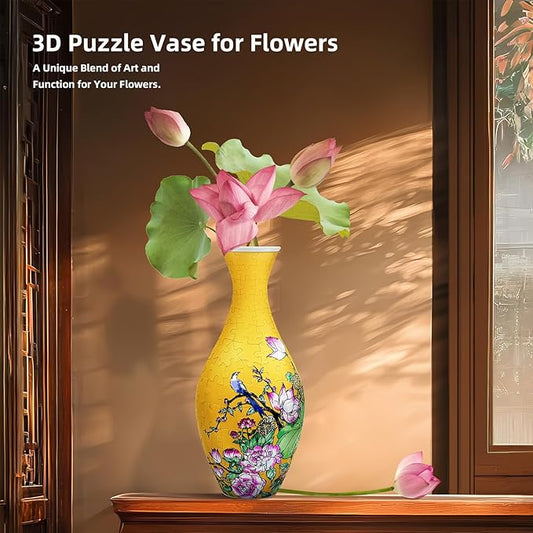 3D Puzzle Vase for Adults, 160 Curved Pieces Vase Puzzle Craft, DIY Bamboo Pattern Flower Vase with Water Cup, Creative 3D Jigsaw Puzzle Home Decoration (Yellow Lotus)