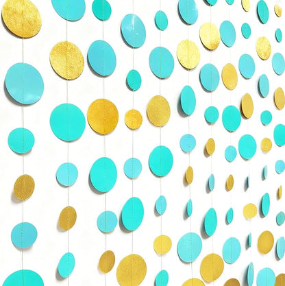 Teal Gold Party Polka Dot Garland Banner Aqua Turquoise Glitter Gold Hanging Paper Circle Dots Streamer for Birthday Baby Shower Wedding Engagement Bridal Shower Retirement Party Decorations Supplies