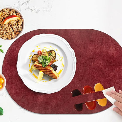 ADRIMER Placemats, Heat Resistant Oval Placemats Set of 6 Washable 12 x 17 Inch, Waterproof Table Mats, Wipeable Pu Place Mats for Kitchen, Dining Room, Wine Red