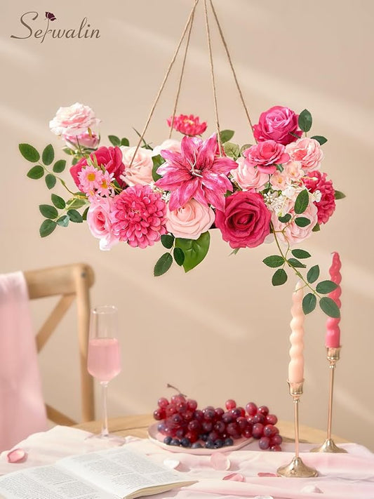 Serwalin Artificial Hot Pink & Magenta Flowers, Fuchsia Silk Fake Flowers, Pastel Pink Faux Flowers for Wedding Bouquet, Table Centerpieces, Home Decor