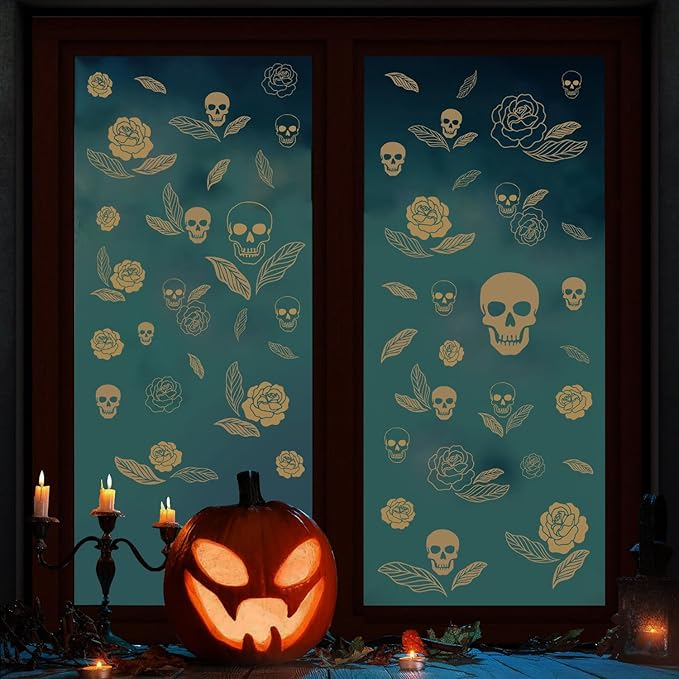 Skull and Rose Halloween Wall Decals,Floral Wall Stickers,Removable Skull Halloween Wall Stickers,Gothic Wall Decals,Suitable for Bedrooms,Living Rooms,Party Scenes,Kindergartens