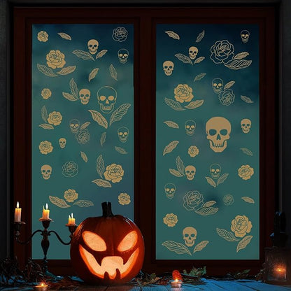Skull and Rose Halloween Wall Decals,Floral Wall Stickers,Removable Skull Halloween Wall Stickers,Gothic Wall Decals,Suitable for Bedrooms,Living Rooms,Party Scenes,Kindergartens