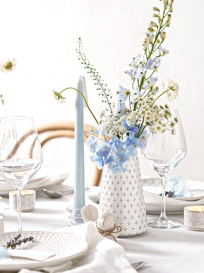 Ceramic Vase for Decor, 6 Inch+7.1 Inch White Flower Vase for Lego Flowers, Tulip and Pampas Grass, Embossed Farmhouse Vases for Centerpieces,Home Living Room Dining Table Office Decor, Arctic White