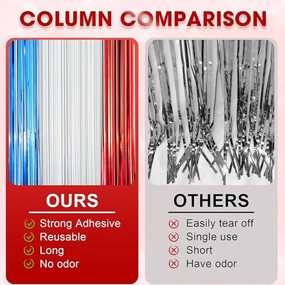 2 Pack Red White and Blue Foil Fringe Backdrop Curtains, Tinsel Streamers Party Decorations, Fringe Backdrop for Patriotic, Memorial Day, 4th of July, Independence Day