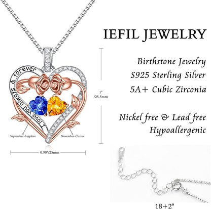 Iefil Rose Heart Double Birthstone Necklace Gifts for Wife Her Mom Women, Birthstone Jewelry Gemstone Birthday Gifts for Girlfriend Grandma Her Wife Women