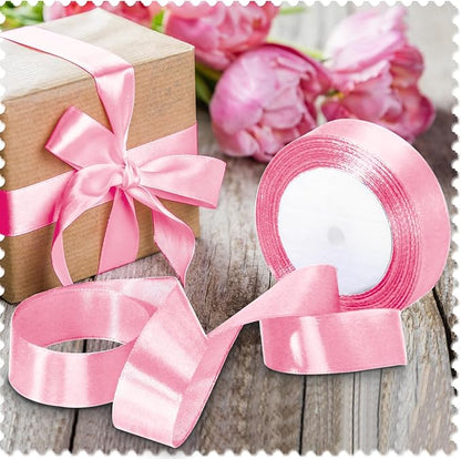Luomorgo 1 Inch Pink Satin Ribbon, 25 Yards Solid Color Ribbon, Fabric Ribbon for Gift Wrapping, Flower Bouquet, DIY Craft, Sewing, Wedding, Birthday Party Decorations