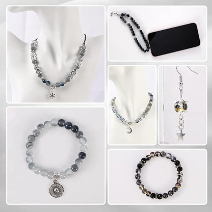 Tunmiok Glass Beads for Jewelry Making Kit with Metal Charms & Crystal String - Includes Spacers, Flower Holders - Bracelet kit, Necklace, Earring Set Supplies for Adults (Black)