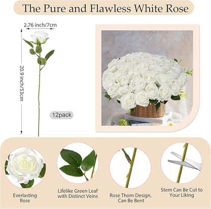 20Pcs Babys Breath Artificial Flowers Bulk, 12Pcs Fake White Roses Fake Flowers, DIY Wedding Flowers Bouquet, Realistic Faux Silk Flowers for Home Table Decor