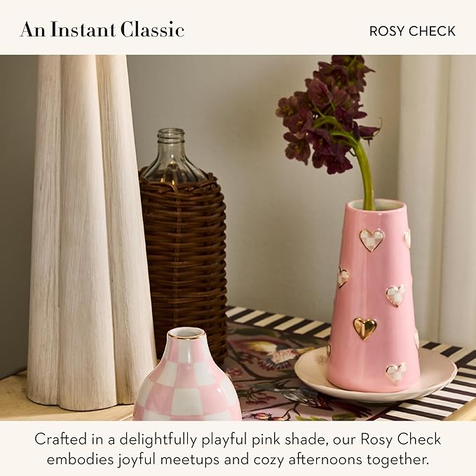 MACKENZIE-CHILDS Ceramic Heart Vase, Unique Flower-Vase Decor, Short, Pink-and-White Rosy Check