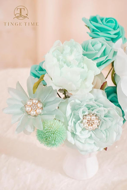 TINGE TIME Artificial Flowers Combo Mix Silk Flowers Teal Green Roses w/stem for DIY Wedding Bridal Bouquets Baby Shower Floral Arrangement Table Centerpieces Home Decorations (TealGreen&Champagne)