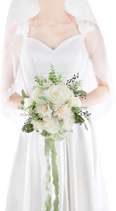 Ivory & Sage Wedding Bouquets for Bride Bridesmaids, Bridal Bouquet for Wedding Silk Artificial Flowers