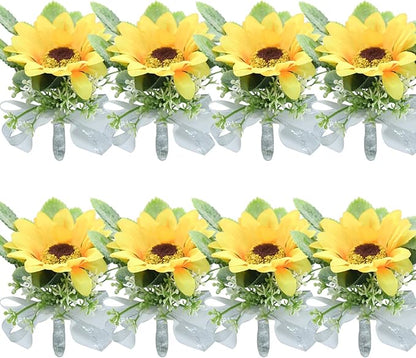 Sunflower Boutonniere Groom Boutonniere Man Buttonholes Bride Corsage Maid of Honor Gift Groom Gifts Wedding Boutineer with Pin Artificial Yellow Silk Flower Decor (White,Pack of 8)