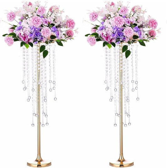 29.5in Elegant Tall Gold Wedding Centerpiece Stand, 2Pcs Metal Flower Candle Holder with Sparkling Crystal Beads,for Wedding Party Event, Birthday,Reception, Home Décor