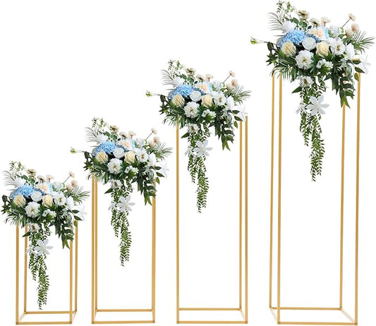 4Pcs Gold Wedding Flower Stands, 4 Different Sizes Metal Column Flower Holders Gold Flower Centerpieces Stands Wedding Metal Centerpieces Rectangular Vase for Wedding Decorations Party Event (4Pcs)