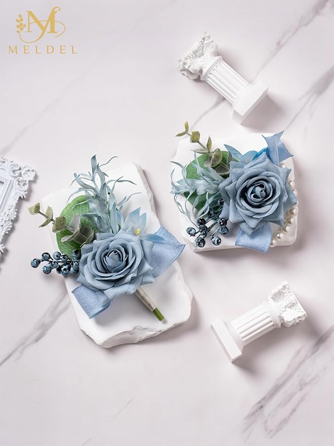 Meldel Dusty Blue Corsage and Boutonniere Set, Rose Boutonniere for Men, Prom Flower Wrist Corsage Bracelets, Homecoming Corsages Wristlet, Men Boutonnieres for Wedding Flowers Accessories Prom Suit