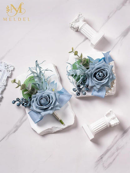 Meldel Dusty Blue Corsage and Boutonniere Set, Rose Boutonniere for Men, Prom Flower Wrist Corsage Bracelets, Homecoming Corsages Wristlet, Men Boutonnieres for Wedding Flowers Accessories Prom Suit