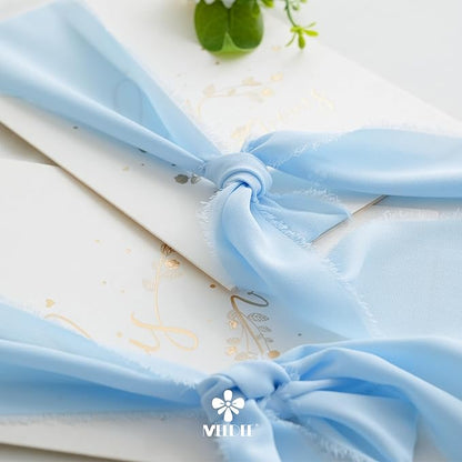 MEEDEE Light Blue Chiffon Ribbon 3 Inch Fringe Ribbons Baby Blue Chiffon Silk Frayed Edge Ribbon Wide Chiffon Ribbons for Crafts, Flower Bouquet, Wedding Favors Wrapping (2 Rolls 10 Yards)