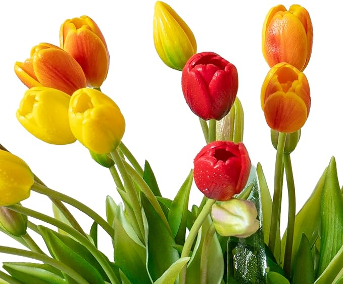 40pcs Artificial Tulips Flowers, Real Touch Latex Bouquet, Fake Tulips for Office Wedding Party Home Kitchen Garden Decoration-B Red Suit