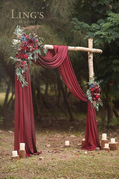 Ling's moment Burgundy Artificial Wedding Arch Flowers Kit Pack of 4, 2pcs Hanging Flower Arrangement 2pcs Chiffon Drapes Ceremony Reception Fake Rose Arbor Backdrop Floral Party Outdoor Decorations