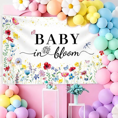 GodMax Baby in Bloom Backdrop Banner, Wildflower Baby Shower Decorations 3 x 5Ft Backdrop Banner Set