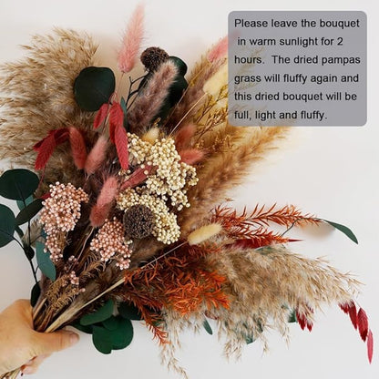 Natural Dried Pampas Grass Bouquet,17" Natural Dried Flower Bouquet，Pampas Grass Silver Dollar Leaf Decoration， Bohemian Style Family Wedding Country Farmhouse Decorated with Dried Flowers