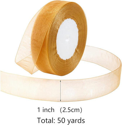 Gold Ribbon for Gift Wrapping 1 inch Sheer Organza Ribbon for Flower Bouquet Tulle Thin Chiffon Ribbons for Wedding Invitations Presents Decorations Crafts 50 Yards