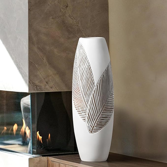 Modern Large Floor Vase White Home Decor Flower Vases 17.7 Inch Tall Resin Vase Tree Leaf Texture Decor Vases for Entryway Living Room Mantel