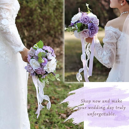 Lavender Purple Wedding Bouquets for Bride Bridesmaid,Lilac Bridal Bouquet Artificial Fake Silk Roses Flowers for Wedding Boho French Vintage Rustic Church Decoration Toss Bouquet (8.6in(M))