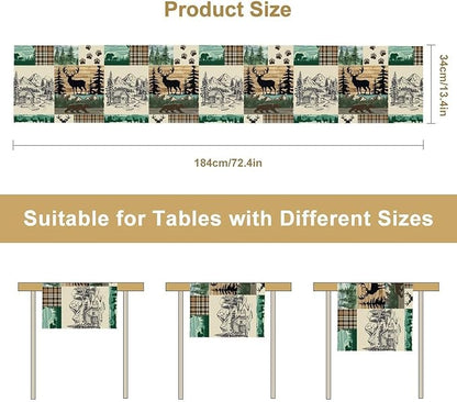 Rustic Cabin Table Runner, Farmhouse Deer Bear Retro Pine Forest Wooden Plank Wild Animal Seasonal Coffee Table Center Decor for Home Kitchen Dining Patio Holiday Party Table Decorations 13x72 inches