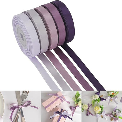 HUIHUANG Satin Ribbon 3/8 inch x 5 Rolls, Lilac, Dusty Purple, Lavender, Amethyst and Purple for Crafts, Gift Wrapping, Hair Decor, Wedding, Bridal Shower Decor - Total 50 Yards