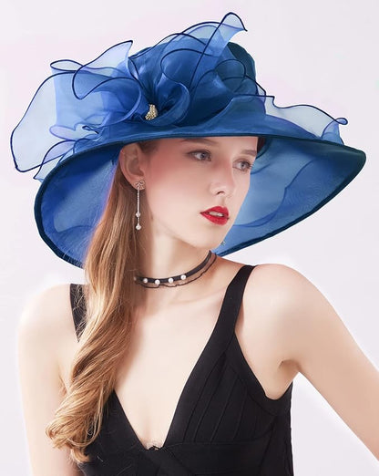 Organza Derby Hats for Women Wide Brim Fascinator Hat Rose Flower Wedding Tea Party Hat