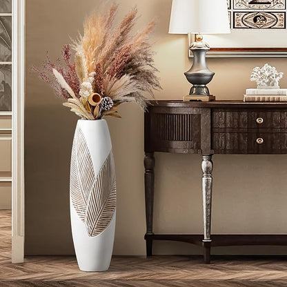 Modern Large Floor Vase White Home Decor Flower Vases 24.8 Inch Tall Resin Vase Tree Leaf Texture Decor Vases for Entryway Living Room Mantel