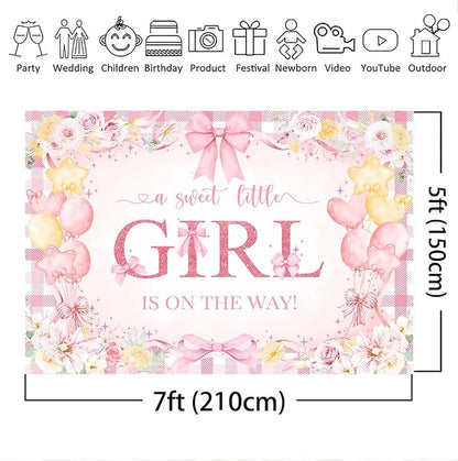 Mocsicka 7x5ft Girl Baby Shower Backdrop Pink Bow Floral Sweet Baby Girl is On The Way Decorations Banner Watercolor Balloon It's a Girl Banner Photo Booth Props (7x5ft (82x60 inch))