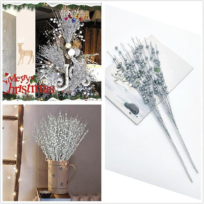 Artificial Berries Stems Ornaments 17 Inch, Sparkling Christmas Tree Picks, Glittery Berry Stems Fake Plant Picks and Branches for Xmas Wreath Ornaments Holiday Home DIY Decor - Silver 10 Pack